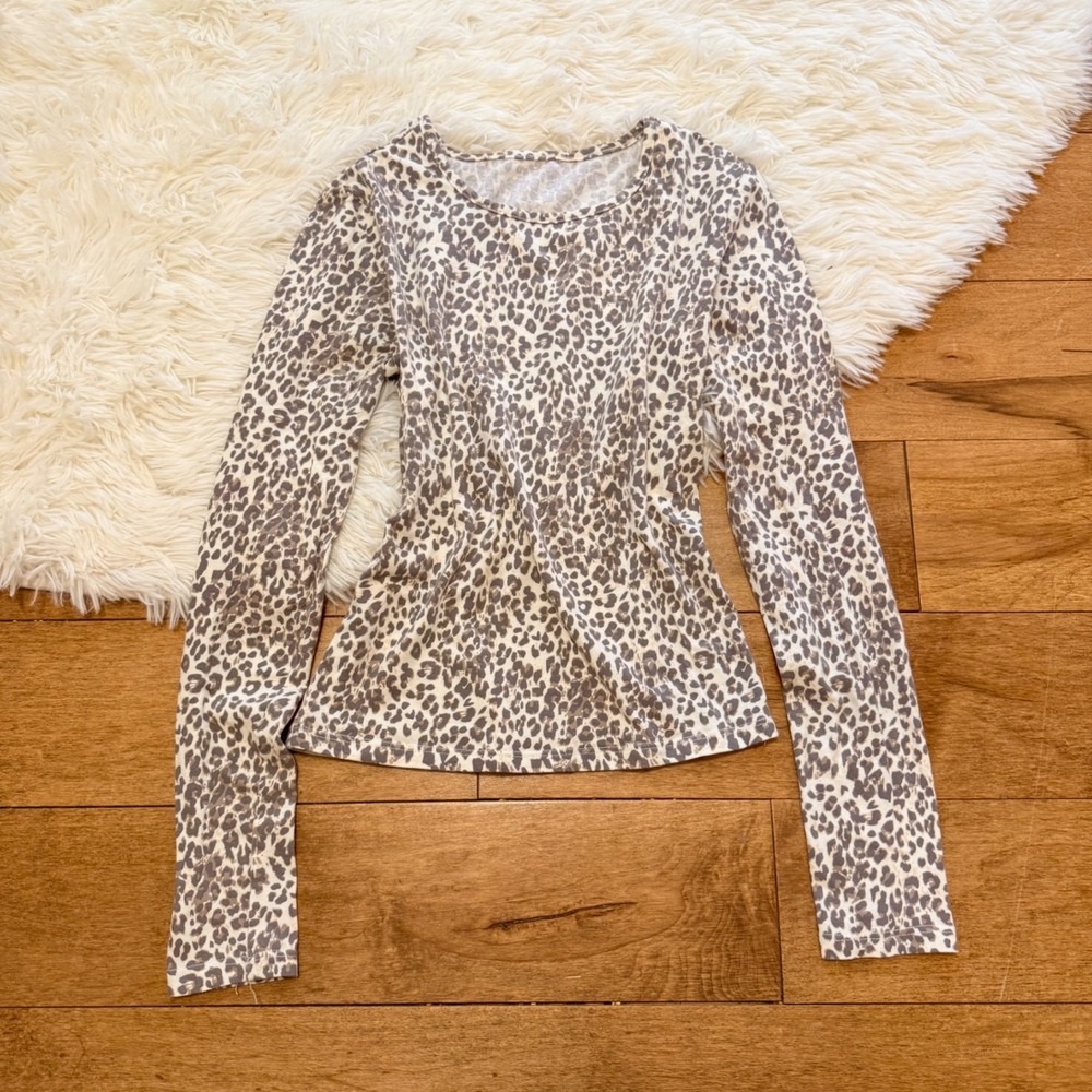 Leopard Print Long Sleeve Top Womens Small Grey Tan Animal Print Slim Fit Tee